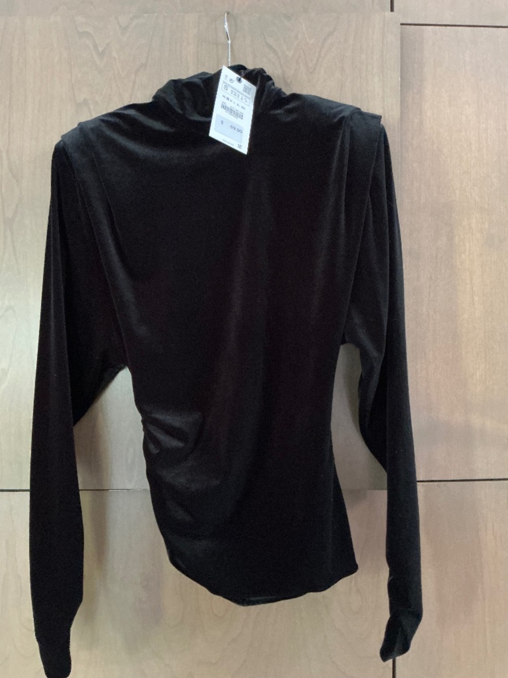 Zara Black Velvet Draped Neck Long Sleeve Top | NWT